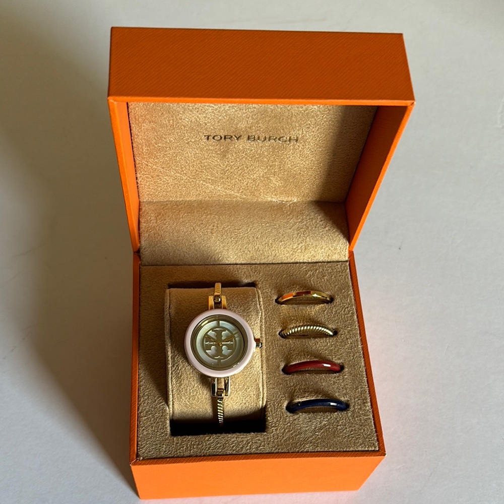 Tory Burch Reva Gold-Tone Stainless Steel Bangle Bracelet Watch 27mm Gift Set - Picture 3 of 13
